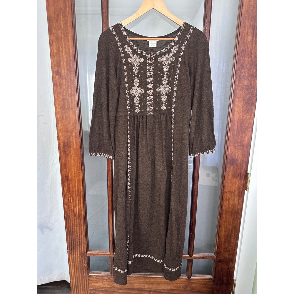 Sweet Magnolia Brown Embroidered Beaded Midi Dress Womens Medium Boho Long Slv